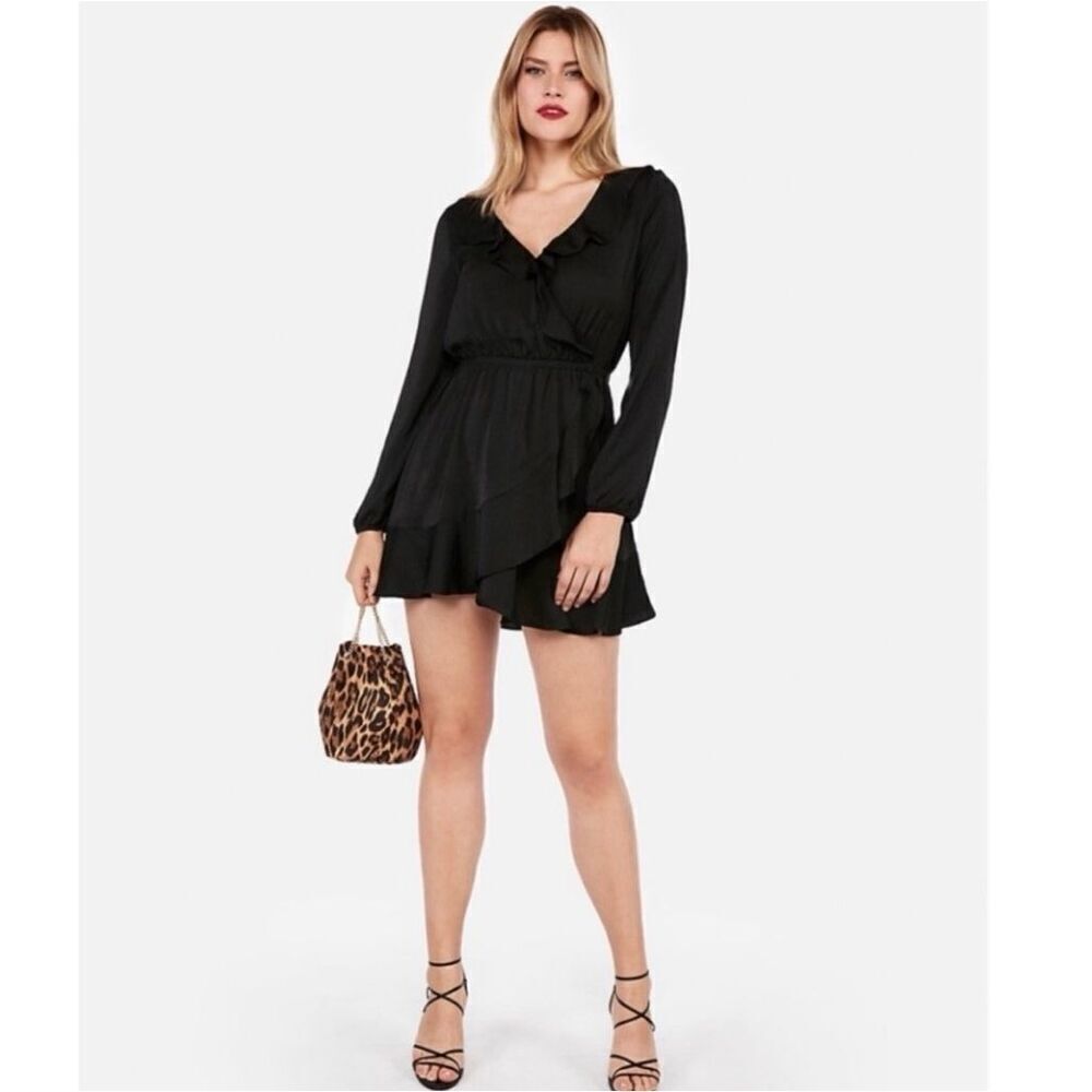 ✨Express Ruffle Wrap Front Black Mini Sz Small Black Dress✨